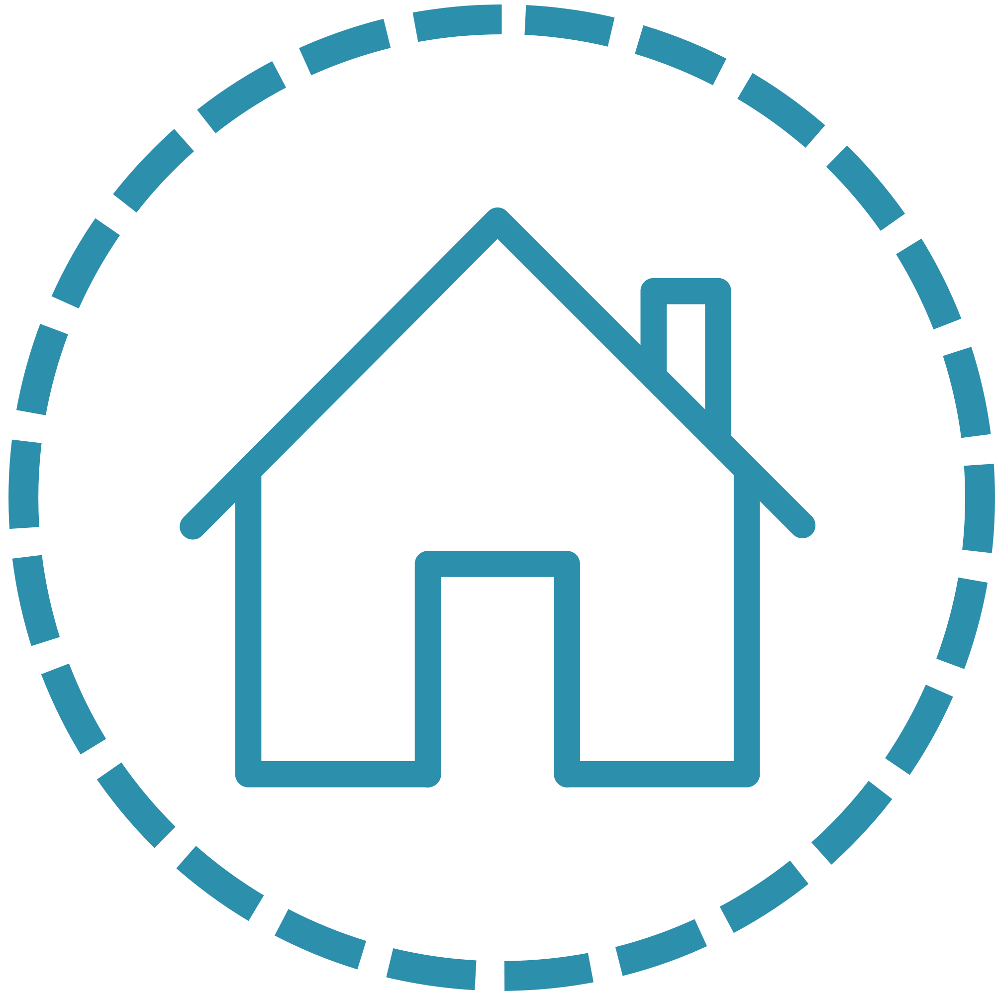 A simple illustration of a house surrounded by a dotted line.