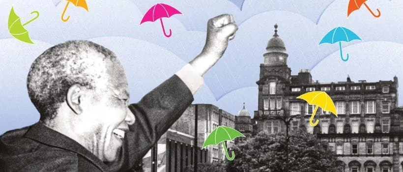 Black and white image of Nelson Mandela, overlaid with colorful umbrellas and a cityscape background.
