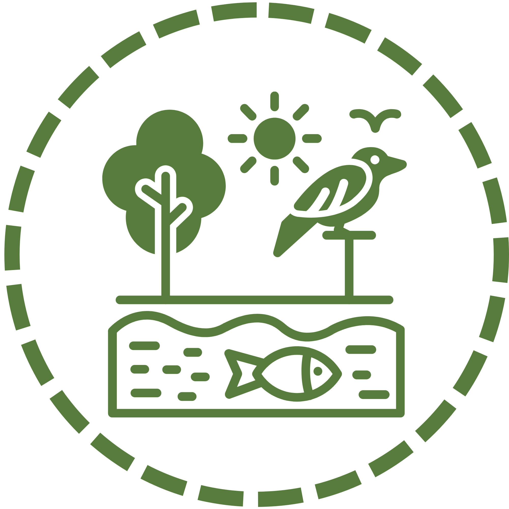 A simple illustration of a habitat. There is a tree, a bird, and then sun above a body of water containing a fish. This logo is surronded by a dotted line.