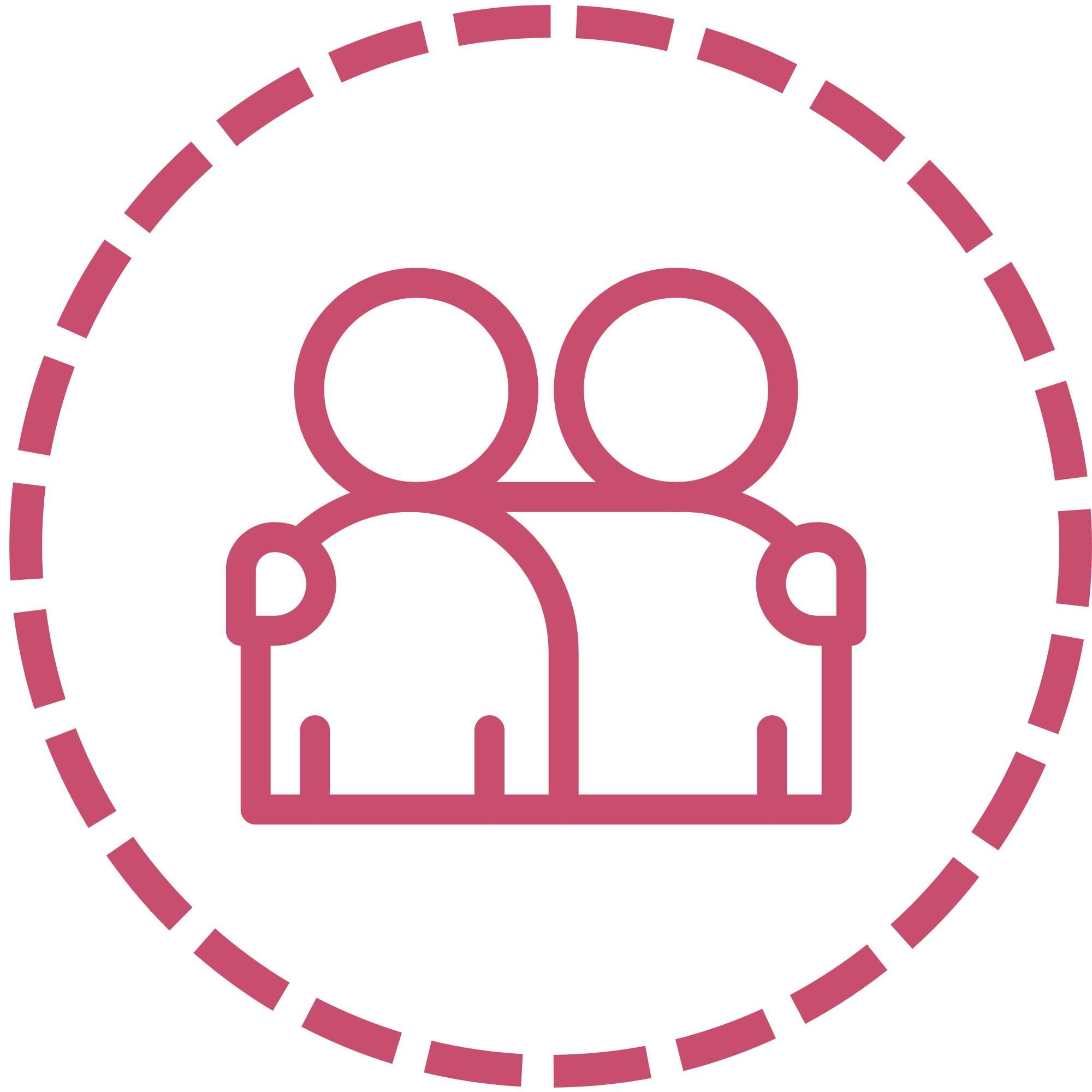 Simple pink illustration of two people hugging surrounded by a pink dotted line.