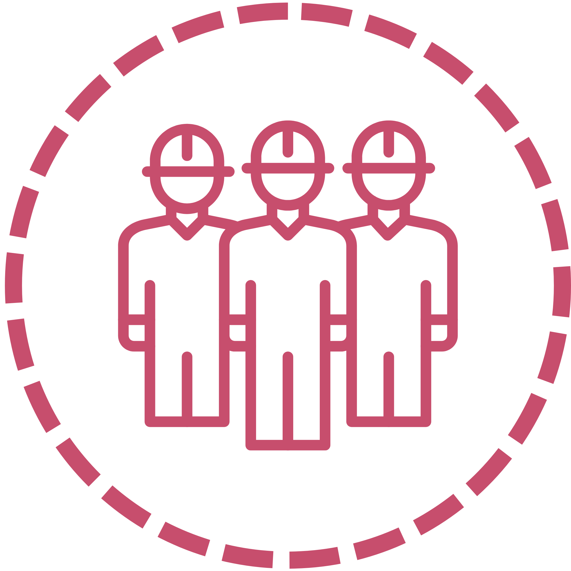 A simple illustration of three people wearing hard hats, surronded by a dotted line.