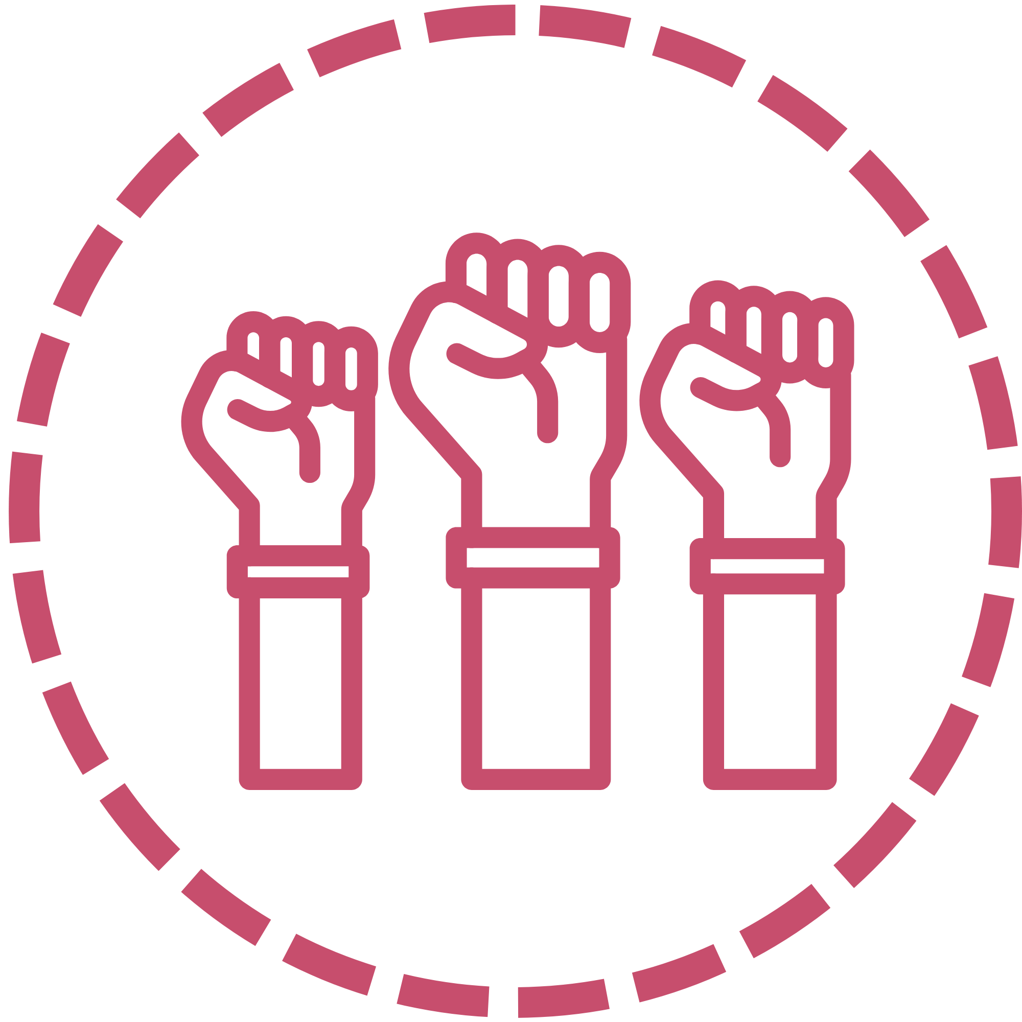 A simple illustration of three fists in the air, surrounded by a dotted line.