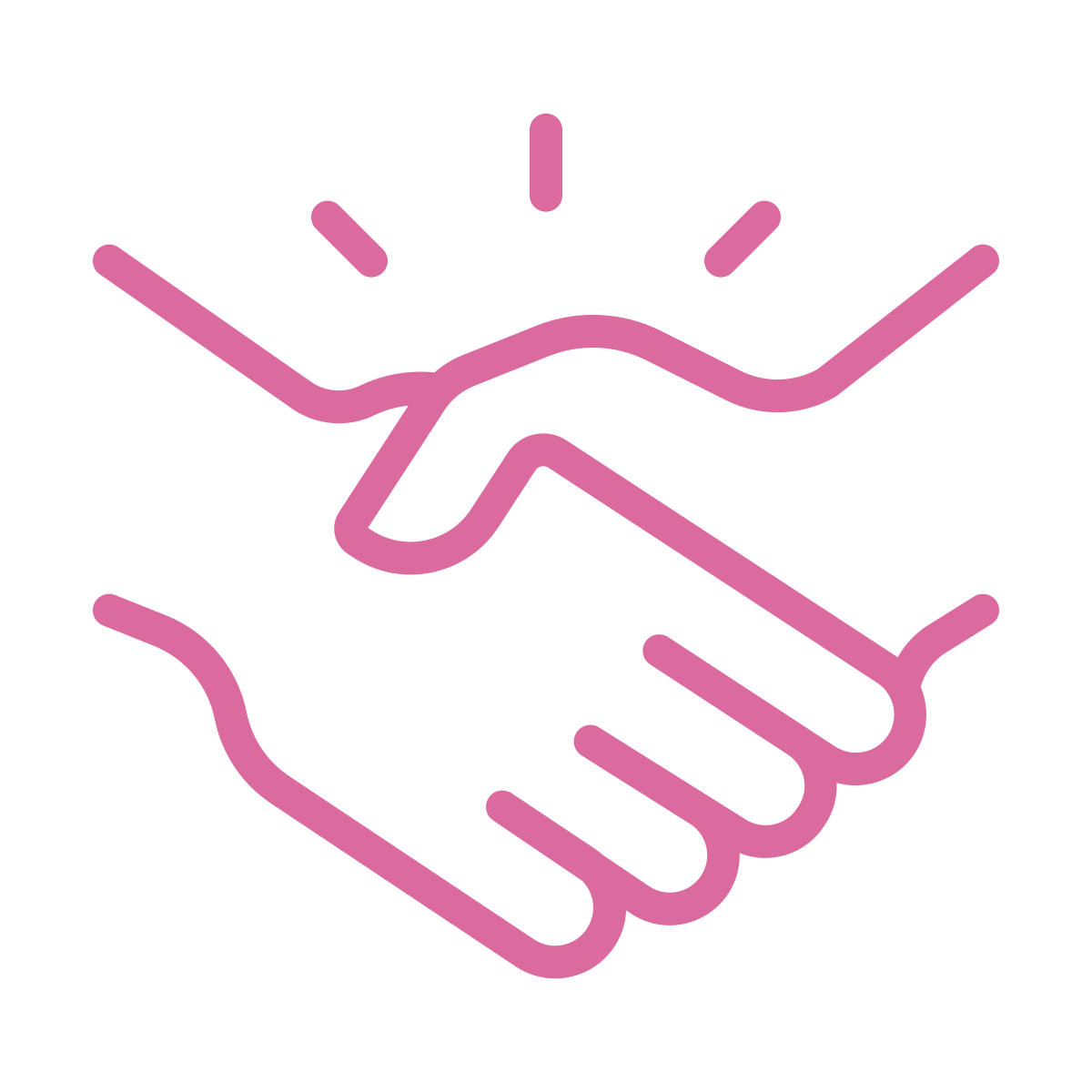 Line drawing of a handshake with small lines above it.