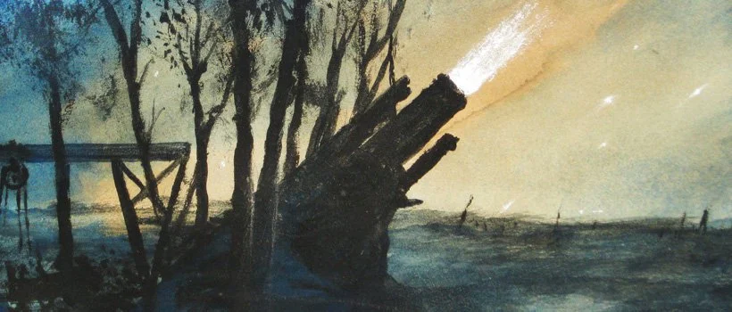 Painting of a forest scene with a large tree on the right and a dark bridge on the left, and light smoke or mist in the background.