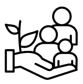 A hand holding three people, with a plant in the background