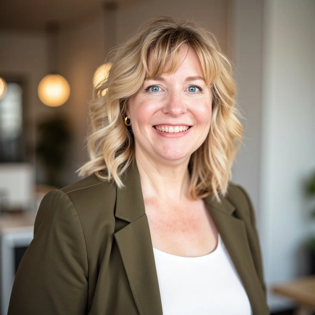 A woman with blonde, wavy hair, blue eyes, wearing a green blazer and white top, smiling indoors with warm lighting.
