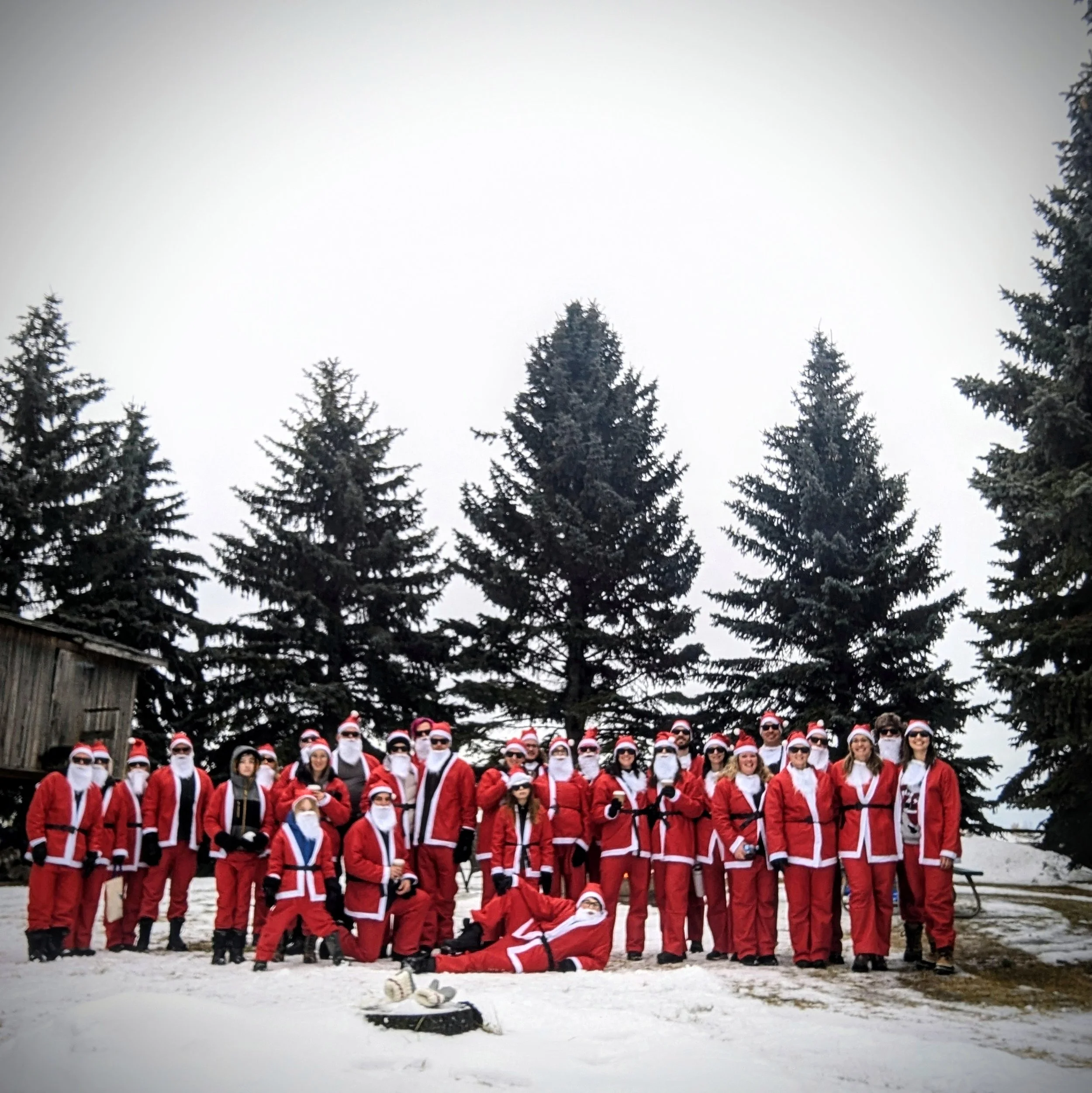 Group of people dressed as Santa Claus standing outdoors in a snowy area with pine trees in the background.