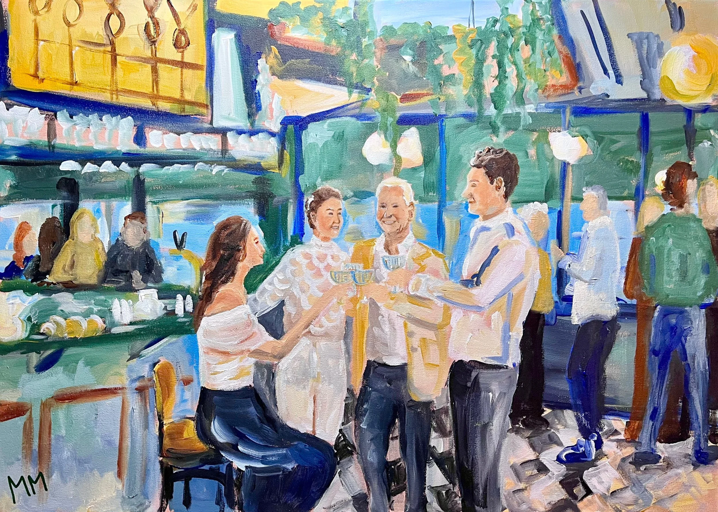 Een kleurrijk schilderij van een groep mensen die samen proosten in een drukke café, met groene planten en grote ramen op de achtergrond.