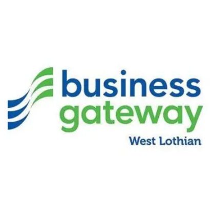 Business Gateway West Lothian logo with stylized blue and green wave design.