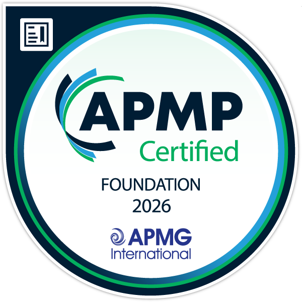 Badge indicating APMG Certified Foundation 2026 certification, issued by APMG International, with a circular design and a small icon of a certificate or document in the top left corner.