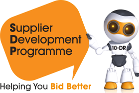 Robot character pointing to a speech bubble with the text 'Supplier Development Programme' and 'Helping You Bid Better'.
