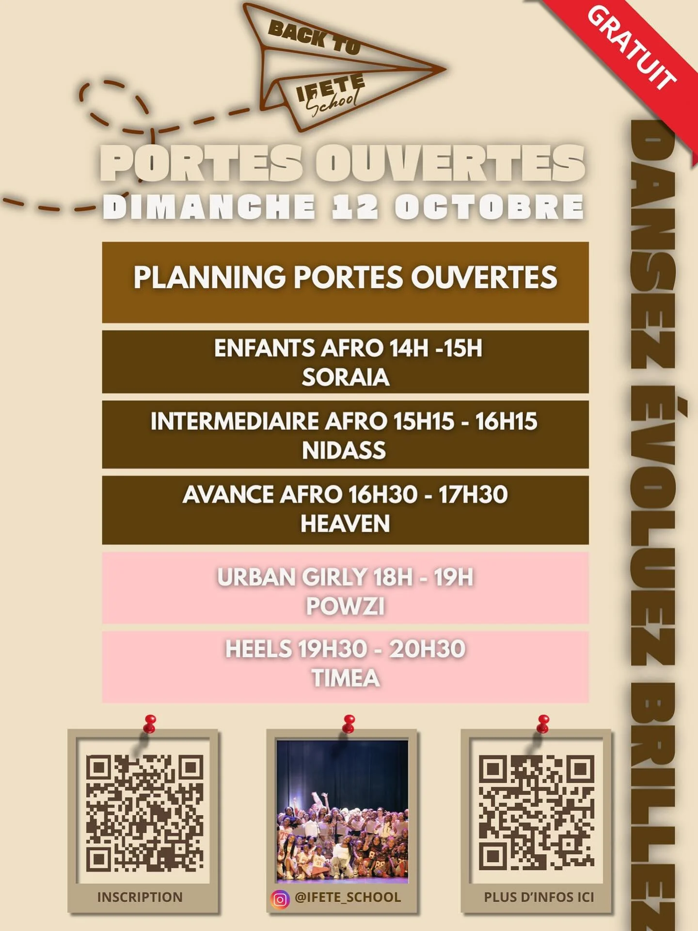 ON EST DE RETOUR 🥳🔥
R&eacute;serve ton Dimanche 12 octobre et viens tester nos cours gratuitement et d&eacute;couvrir l&rsquo;univers de la Ifete School : Afro, Urban Girly, Heels&hellip; il y en a pour tous les styles ✨ 

Et pour tout les &acirc;g