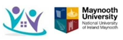 Logo of Maynooth University featuring abstract figures, a shield with symbols, and text.