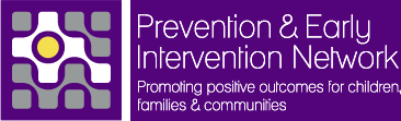 Logo of Prevention & Early Intervention Network with purple background and abstract symbol in white and yellow, promoting positive outcomes for children, families, and communities.