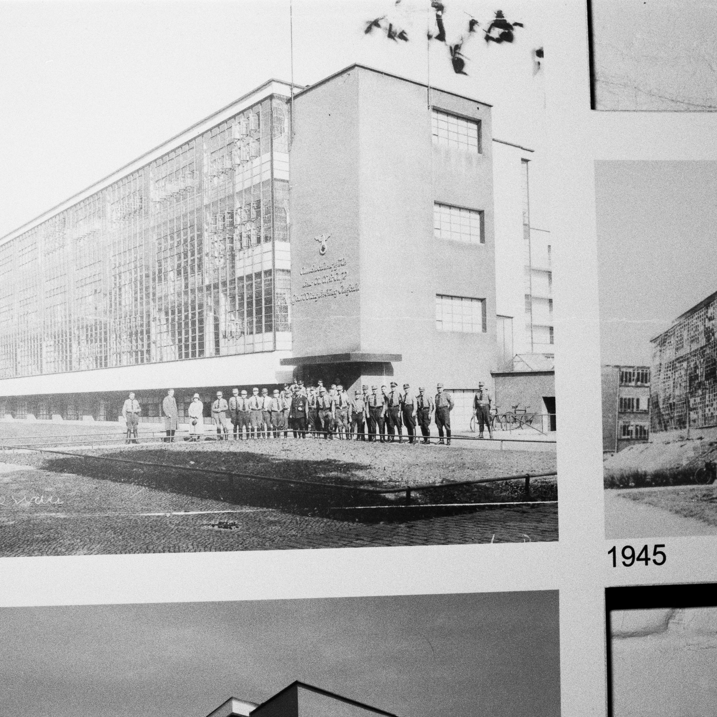 National Socialists pose in front of the newly closed Bauhaus. The Nazis used the Bauhaus as a training school for Nazi Party functionaries and the Hitler Youth. Bauhaus Dessau Display, Dessau, Germany.