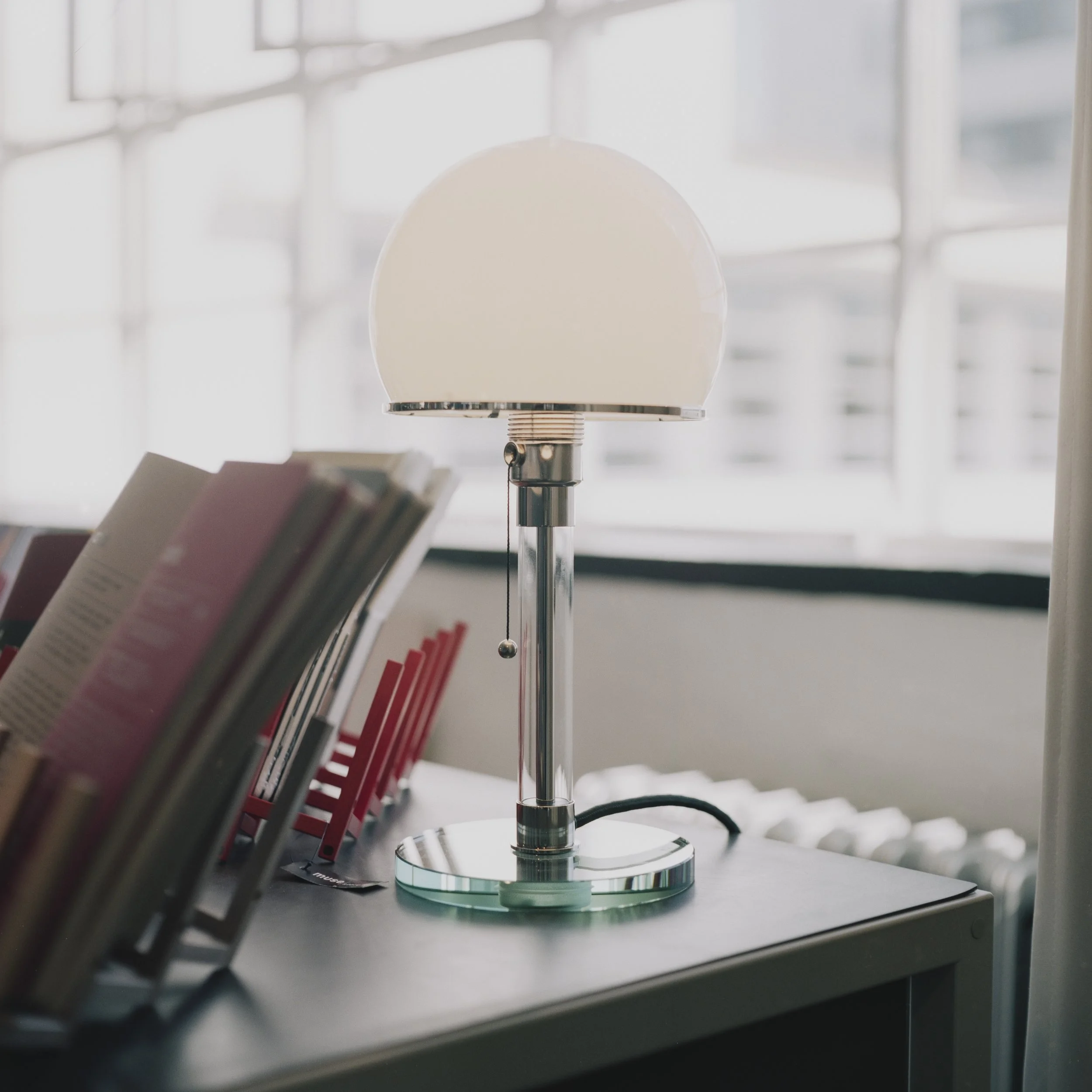 Reproduction of the "Table Lamp" by Wilhelm Wagenfeld and Carl Jakob Jucker. Bauhaus Dessau, Dessau, Germany.