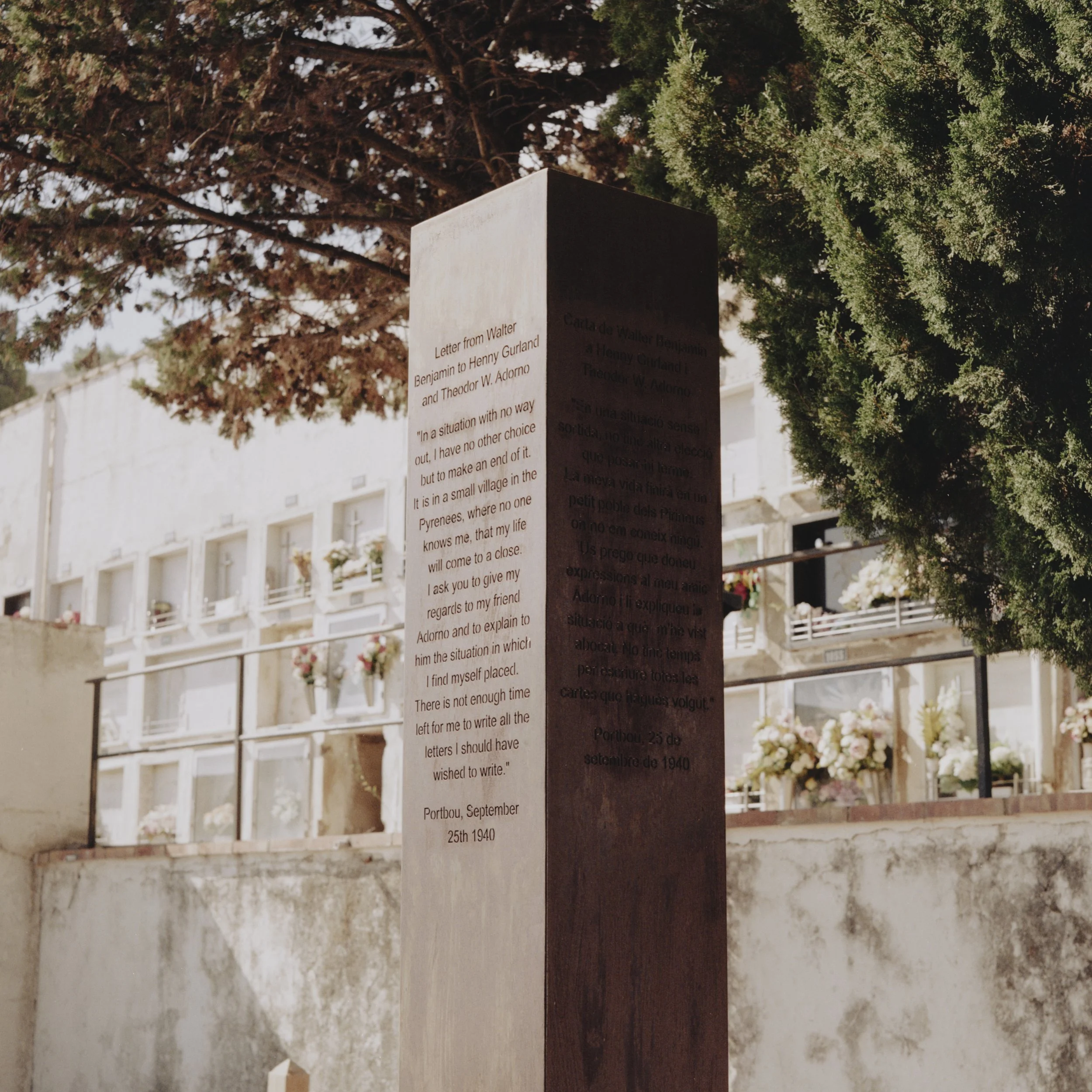 Part of the Walter Benjamin Memorial, this obelisk has Benjamin's final letter, which he wrote before taking his own life in Portbou. Portbou Municipal Cemetery, Portbou, Spain.