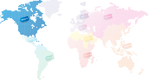 Color-coded network diagram with labeled groups from Group V to Group I, each represented by a different color and connected with gray lines.