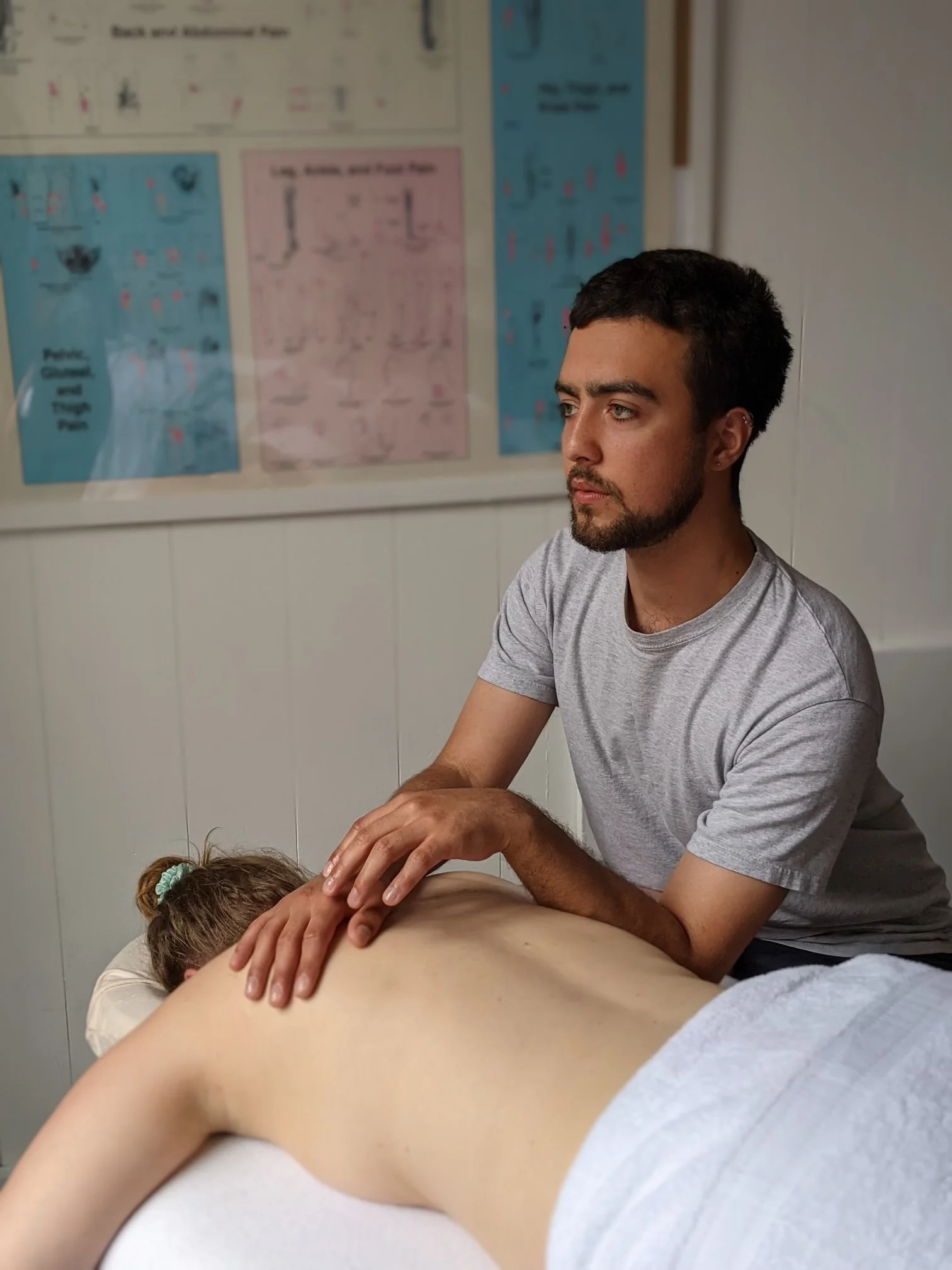 A womanreceiving a holistic deep tissue Jing massage (fusion of East and West) from a massage therapist in a Brighton Clinic. Grounded and balanced.