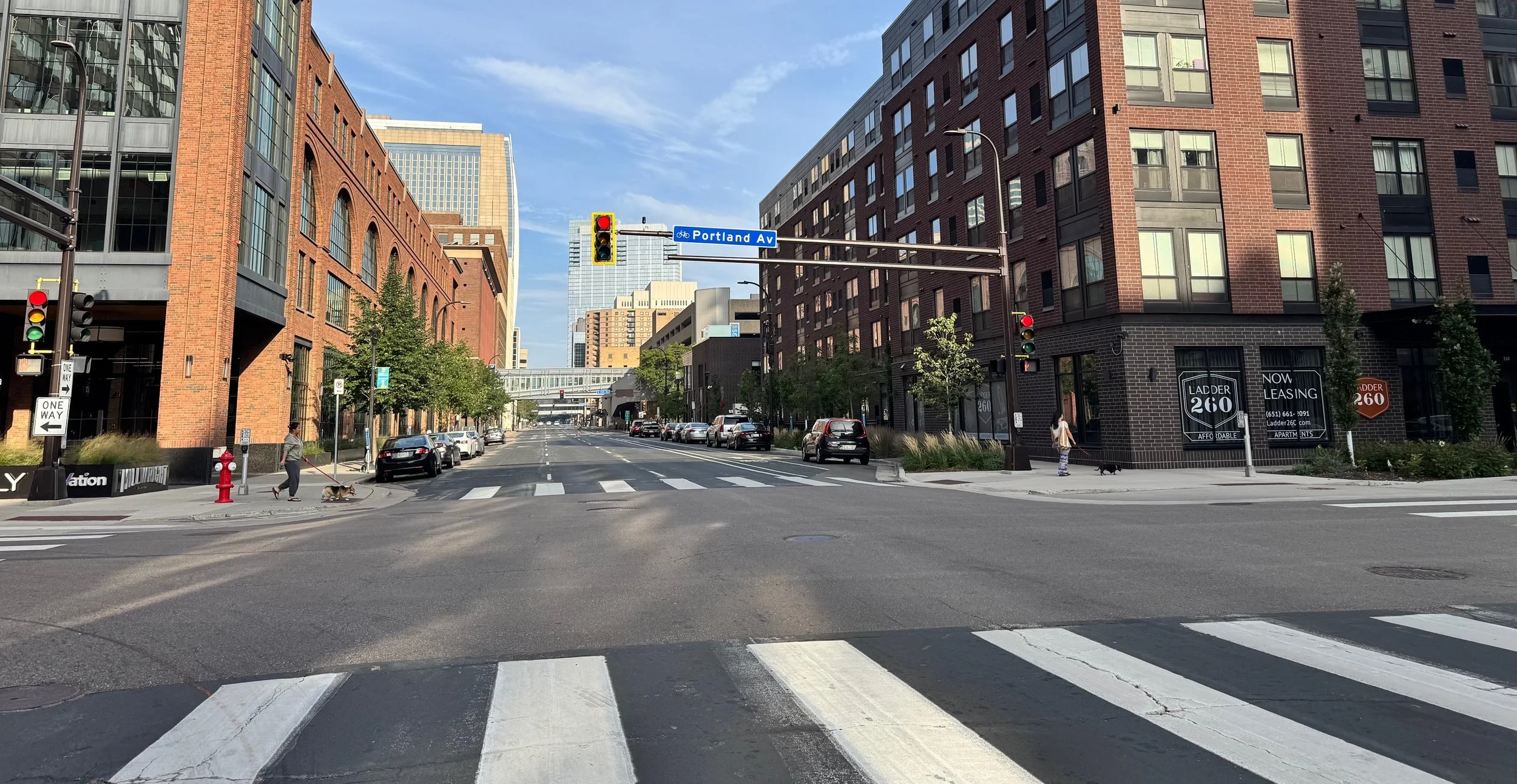 City of Minneapolis street scene, Portland Avenue, red brick buildings, parked cars, people walking dogs, traffic lights, and a street sign for Portland Avenue.