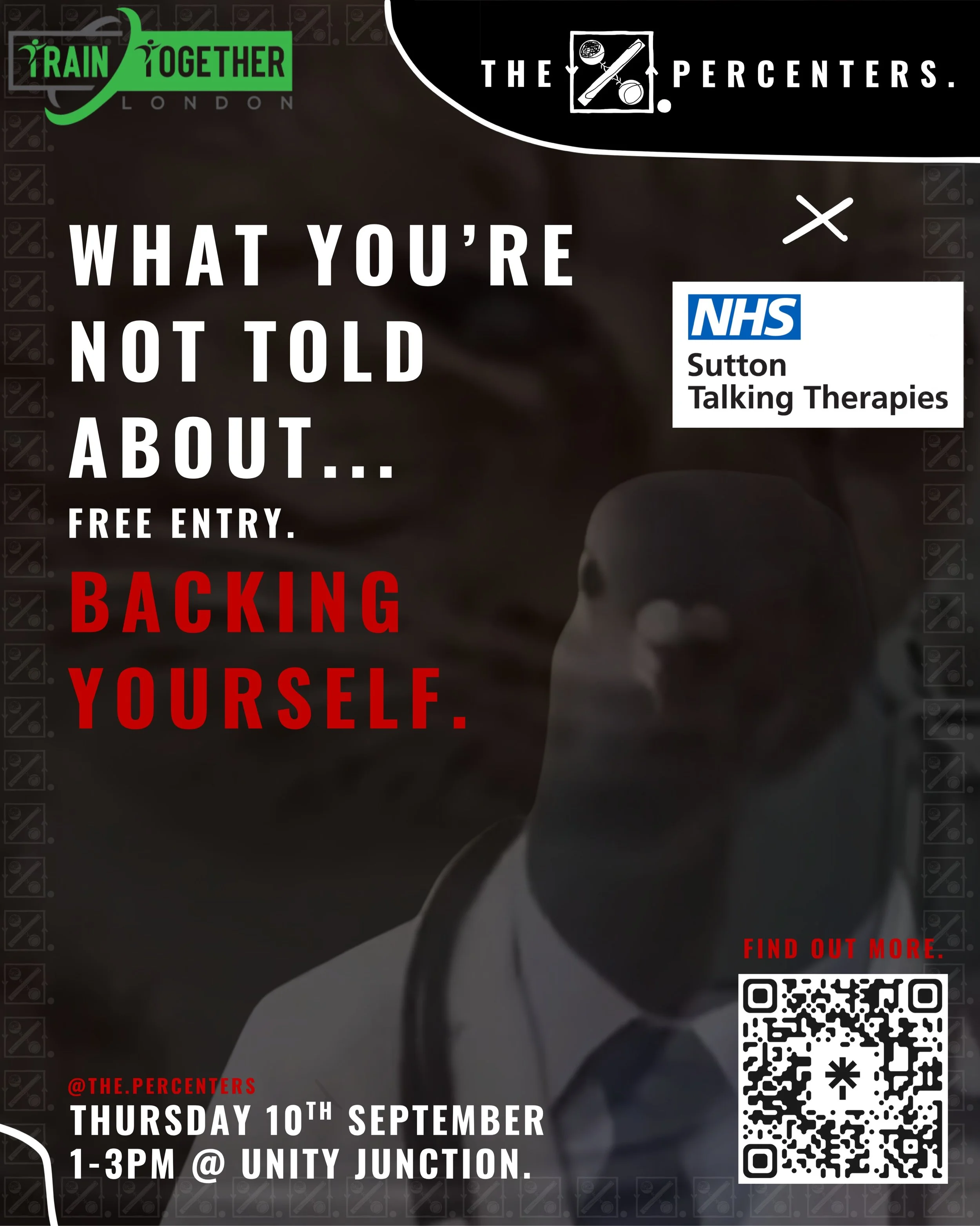 YOU WOULDN&rsquo;T SPEAK TO YOUR MATE THE WAY YOU SPEAK TO YOURSELF&hellip; SO WHY DO WE ACCEPT IT WHEN IT&rsquo;S AIMED AT US?

JOIN THE PERCENTERS X SUTTON TALKING THERAPIES

THURSDAY 10TH SEPTEMBER
1&ndash;3PM @ UNITY JUNCTION.

THIS MONTH&rsquo;S