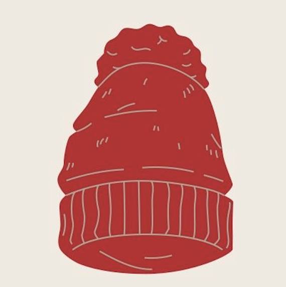 An illustration of a red knit beanie hat with vertical stripe details.