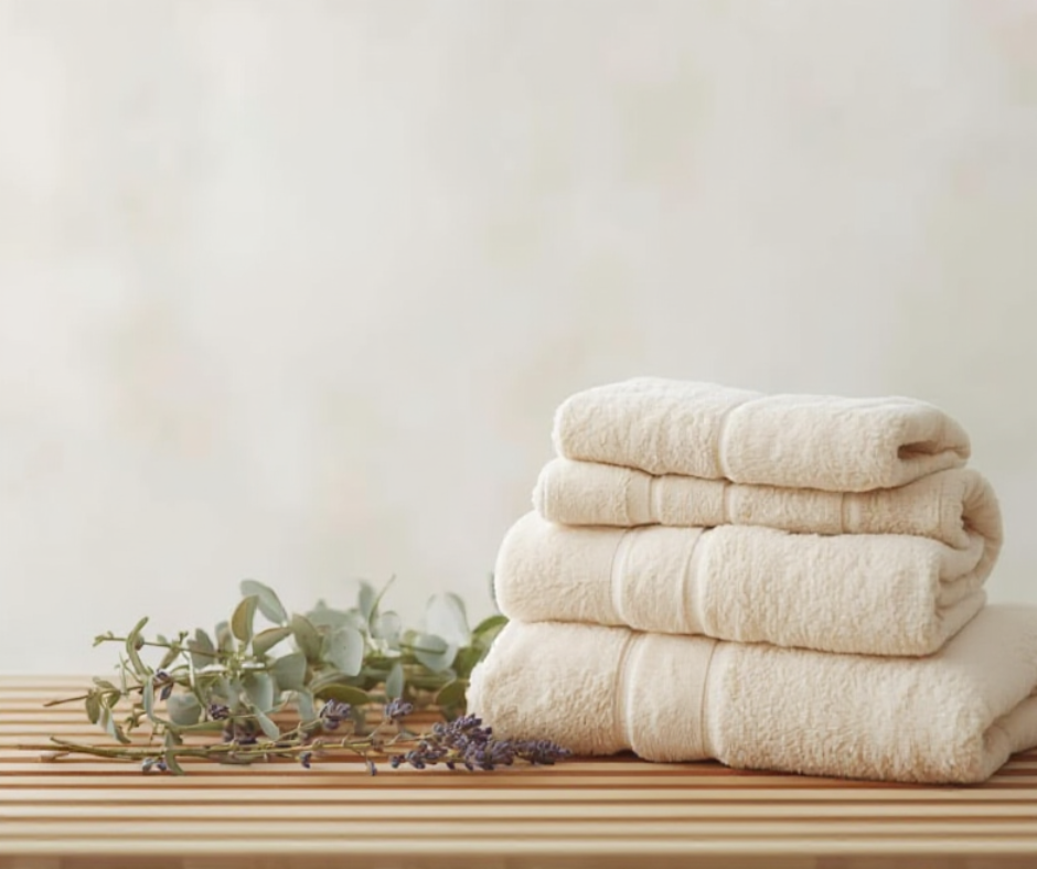 Clean folded beige towels with eucalyptus and lavender on a wooden surface.