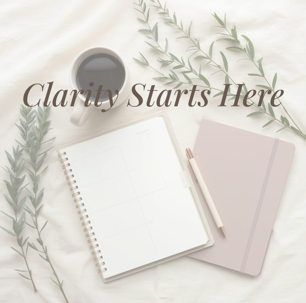 Soft flatlay with coffee, planner, notebooks, and greenery with the text ‘Clarity Starts Here’ — a calming visual for The Cozy Ledger’s salon and spa bookkeeping FAQ page.