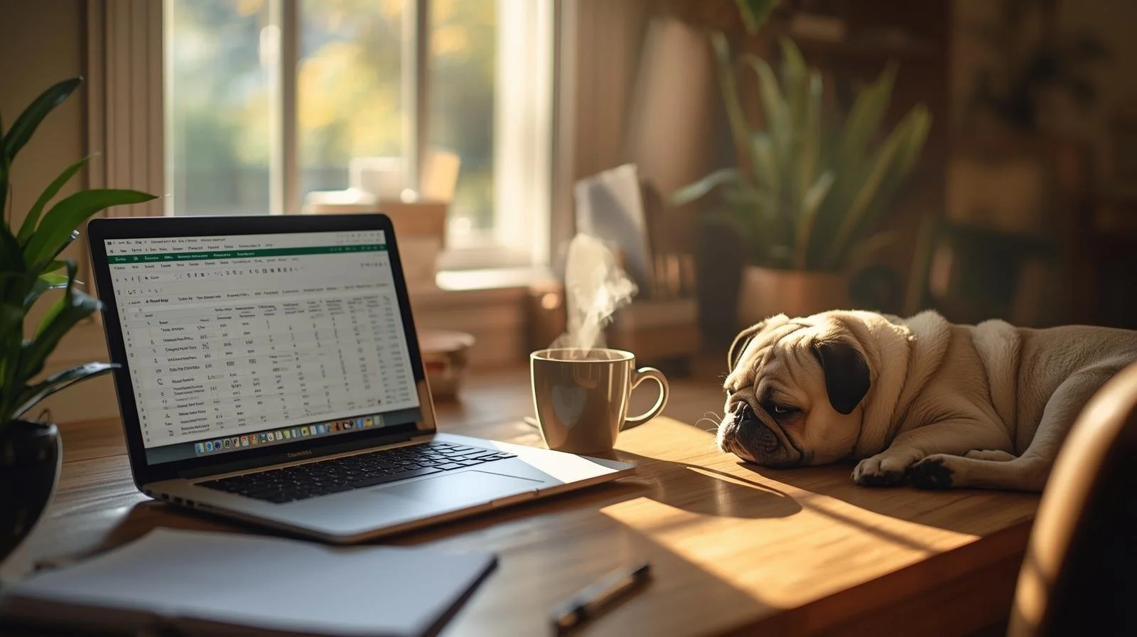 A cozy home workspace with a laptop displaying a spreadsheet, a steaming cup of coffee, and a sleeping bulldog on a wooden table near a window with sunlight streaming in.