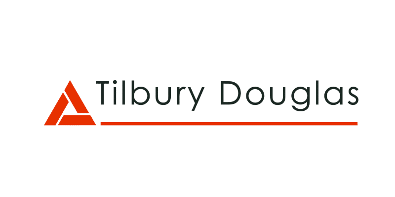 Logo of Tilbury Douglas, featuring a stylized red triangle with the company name beside it.