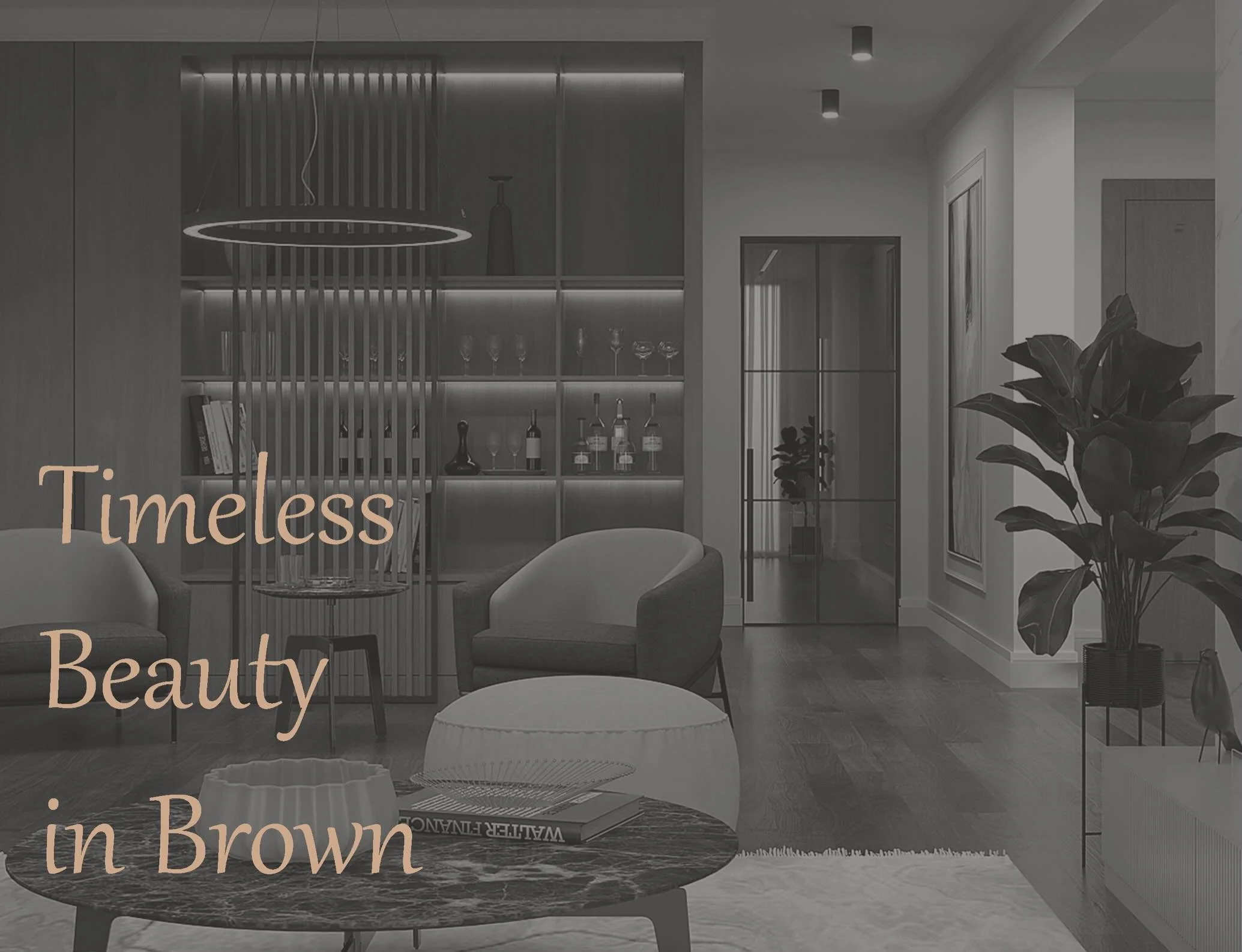An elegant, modern apartment in rich, masculine tones. Walnut wood, beige, brown, camel, black and green accents create a sophisticated palette, complemented by marble details. The standout feature is a bar corner with a hidden wood-clad toilet, comb