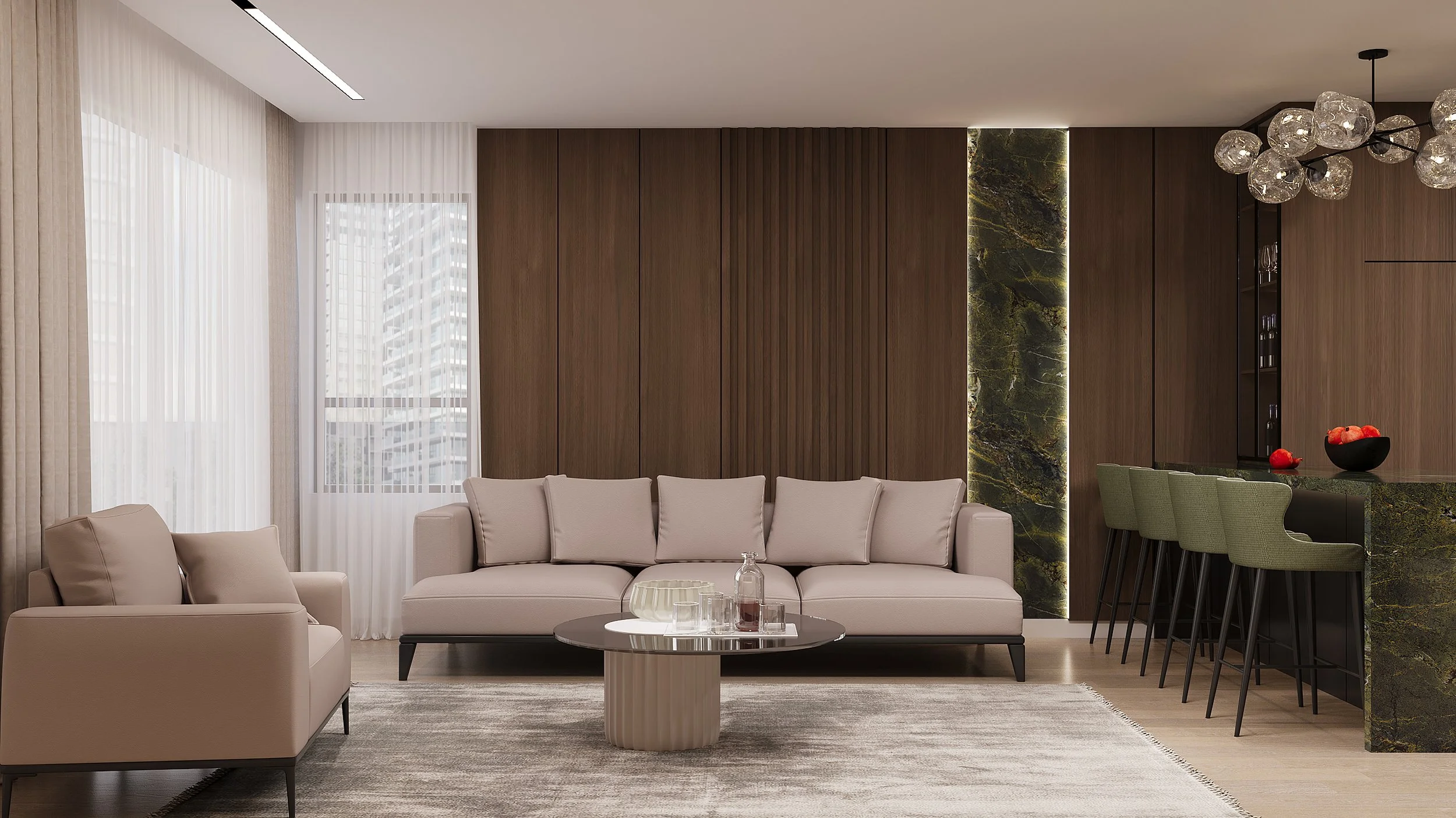 Modern living room with Greenforest marble and walnut details – King’s Park by Mind Interior Design