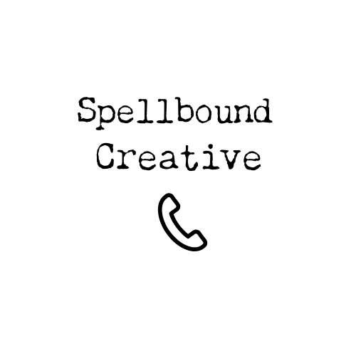 Black text reading 'Spellbound Creative' with a telephone icon underneath on a white background.