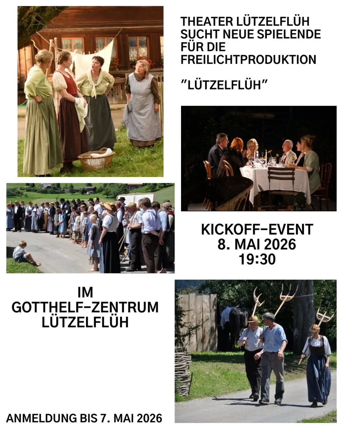 Hast du Lust und Zeit, Theater zu spielen? M&ouml;chtest du eine Rolle in einem sympathischen Ensemble &uuml;bernehmen? Theater L&uuml;tzelfl&uuml;h sucht neue Spielende (m, w, d) f&uuml;r die Produktion im Juli/August 2027. Wir spielen &bdquo;L&uuml