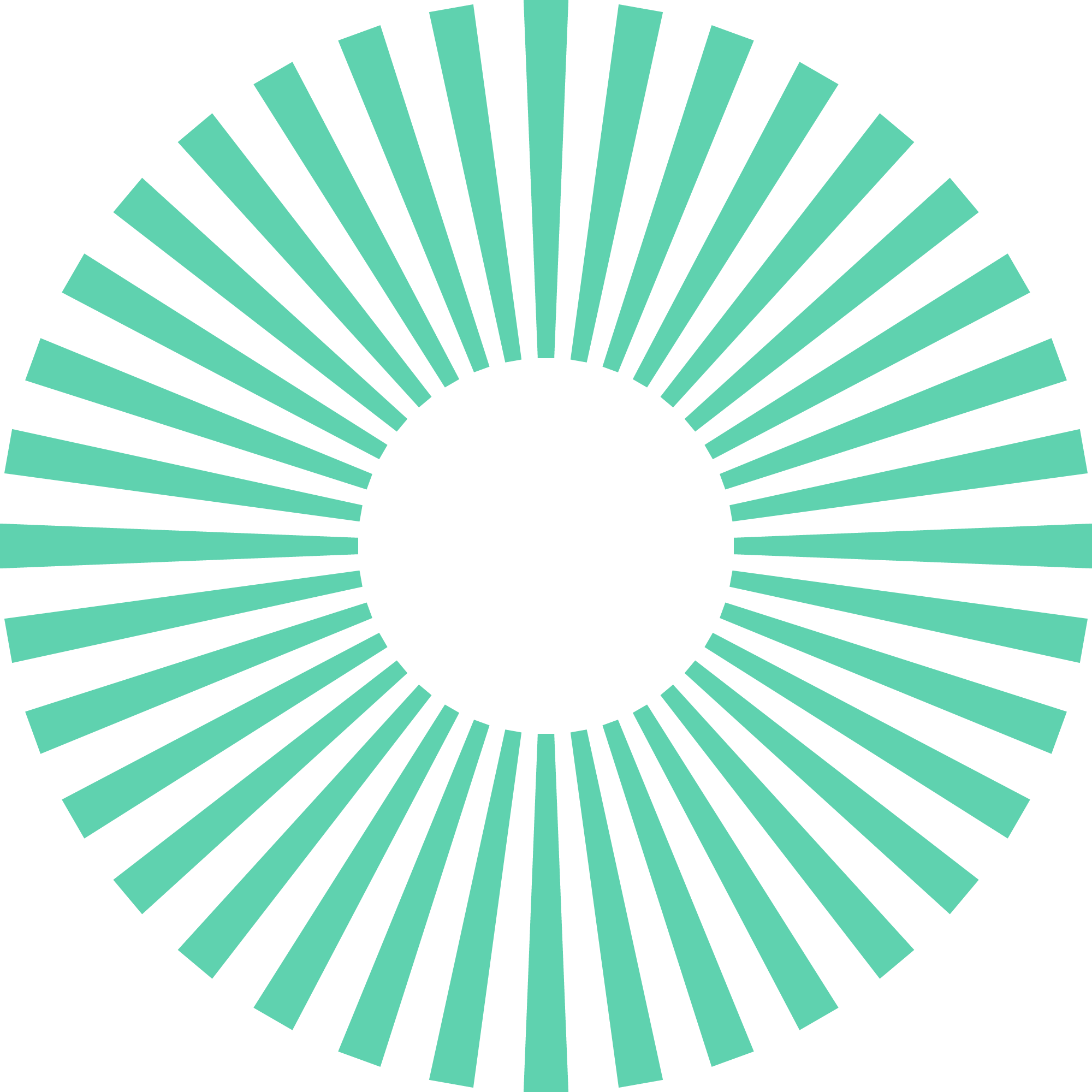 A teal circular pattern with radiating rectangular lines creating a sunburst or halo effect to demonstrate how we work as a hub, bringing teams and talent together to better serve architectural projects