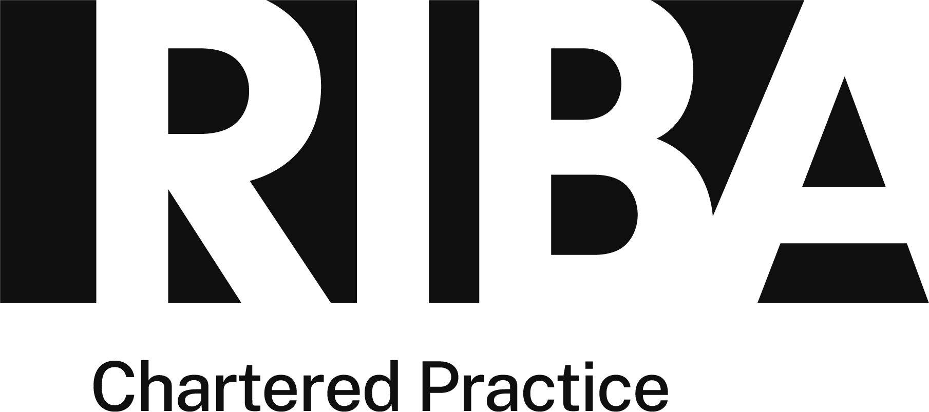 Black and white logo for RIBA, Royal Institute of British Architects, with 'Chartered Practice' written below.