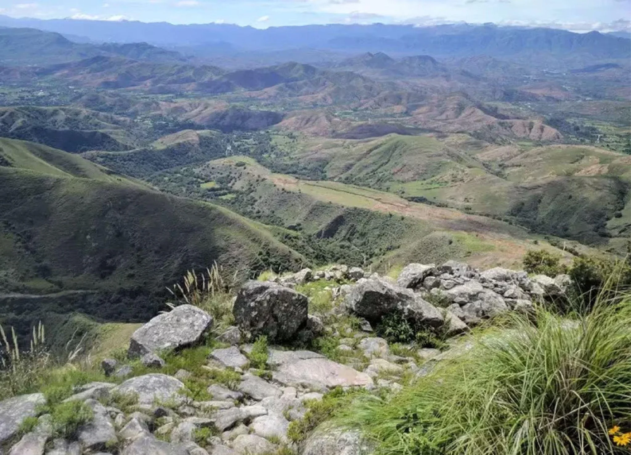 Berglandschaft mit grünen Hügeln, Bäumen und Steinen im Vordergrund, weiter entfernte Berge unter einem bewölkten Himmel.