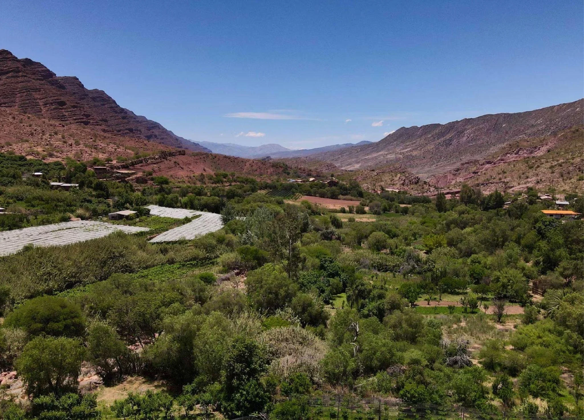 Grünes Tal mit Bäumen, Felder und kleinen Häusern, umgeben von Bergen unter blauem Himmel.