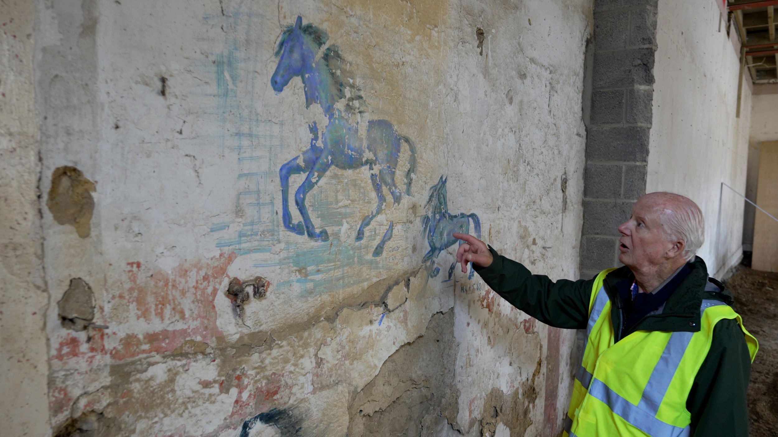 An elderly man in a green jacket and yellow safety vest pointing at a wall mural of blue horses during a construction site visit.
