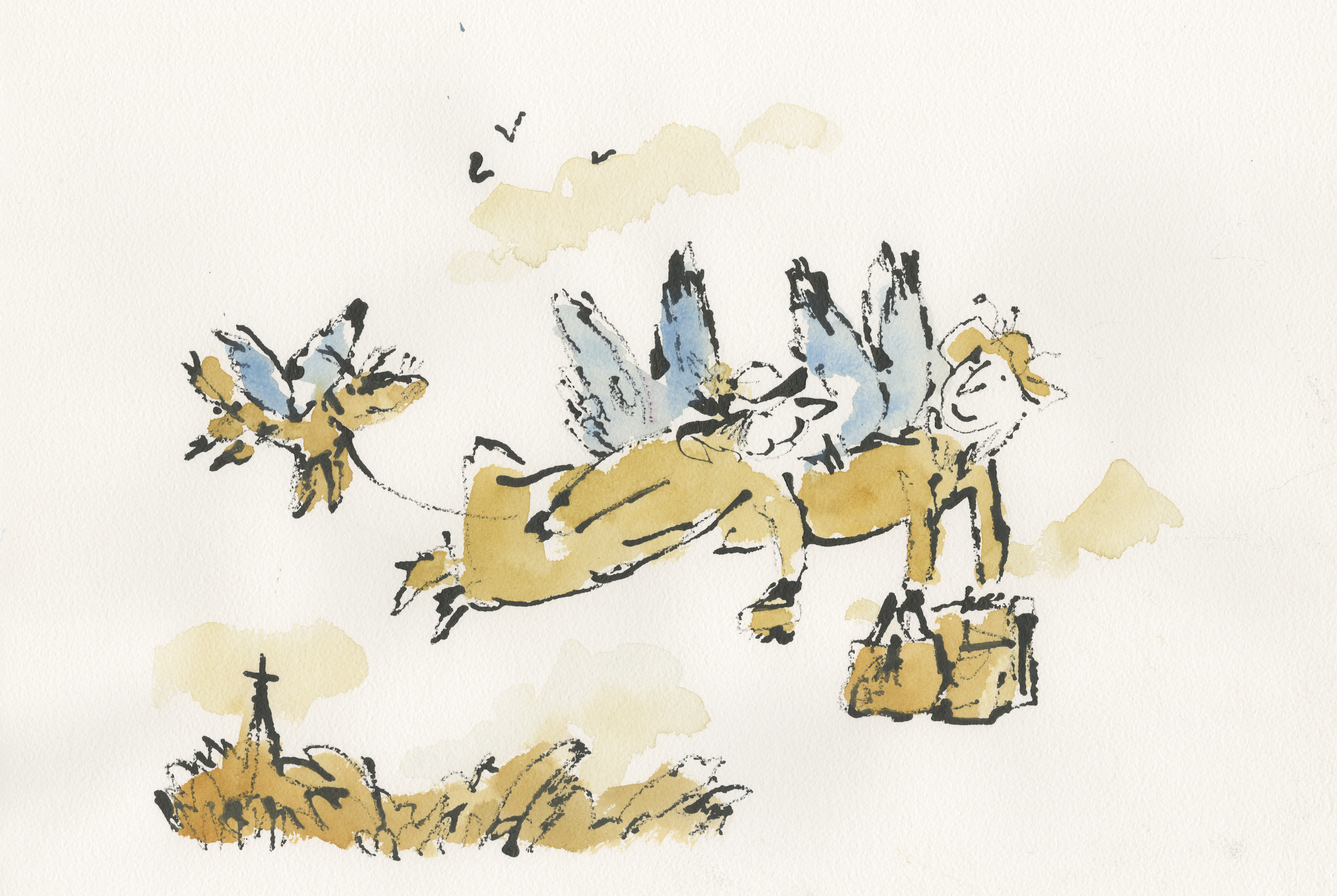 A whimsical sketch of a person with butterfly wings lying on the ground and smiling, with a small suitcase nearby, and a church steeple in the distance under a cloudy sky.