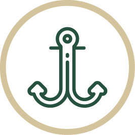 A black and green anchor symbol inside a circular black border.