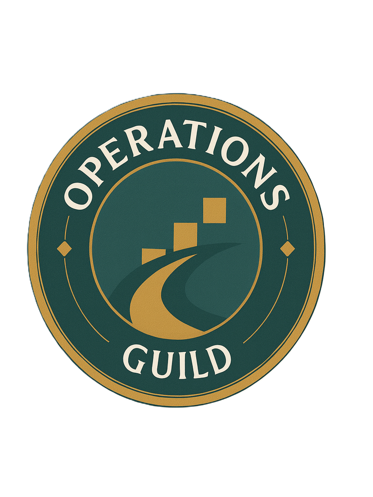 A circular badge with a dark green background and gold border that reads 'Operations Guild' around the edge, featuring a stylized road and three buildings in the center. Wilson Below Jr. Project Elevate 360 and Elevate 302.