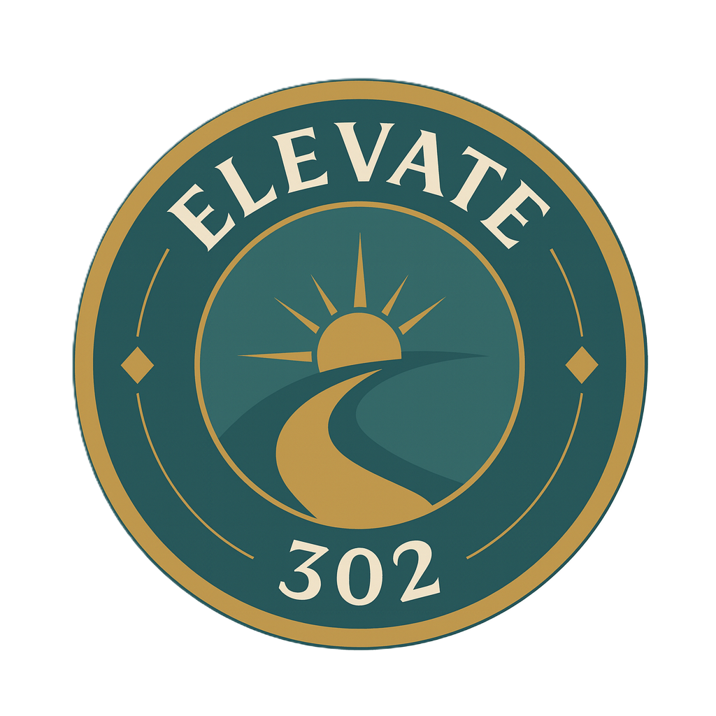 A circular badge with a teal background and gold border, featuring a rising sun, a winding road, and the words "ELEVATE 302".