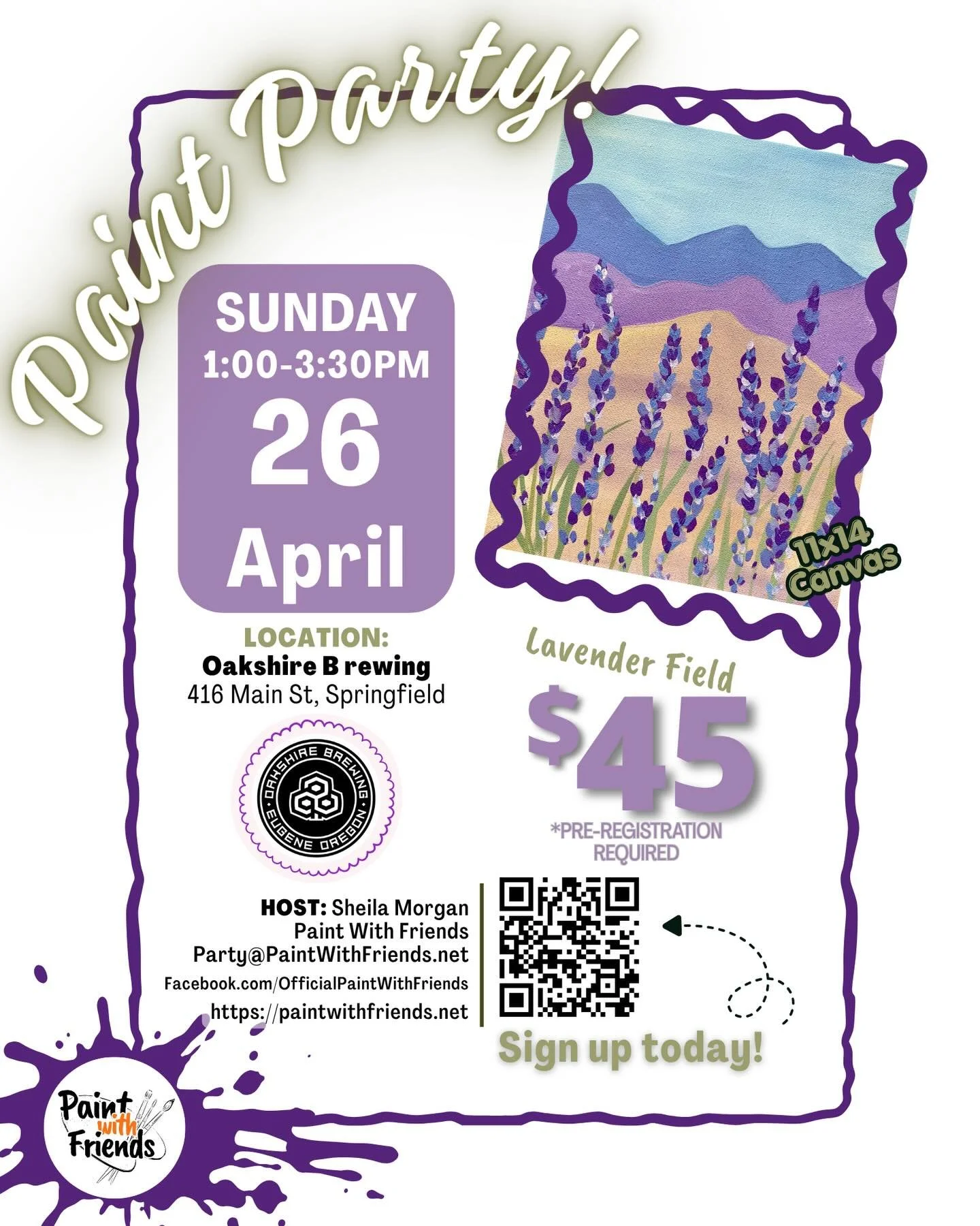 Join us this Sunday at Oakshire Commons @oakbrew 

Sign up today 
#lavendar #landscape #paintandsip