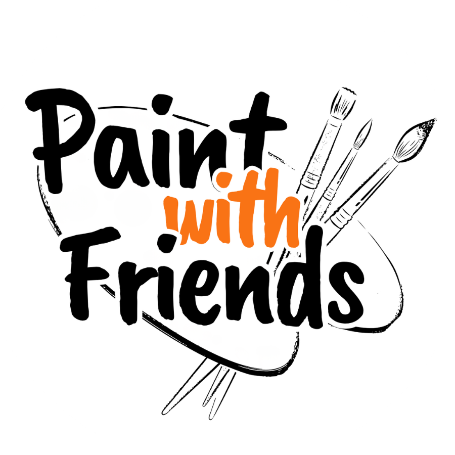 Logo: Paint With Friends in black and orange writing, superimposed over a drawing of a palette and three paint brushes.