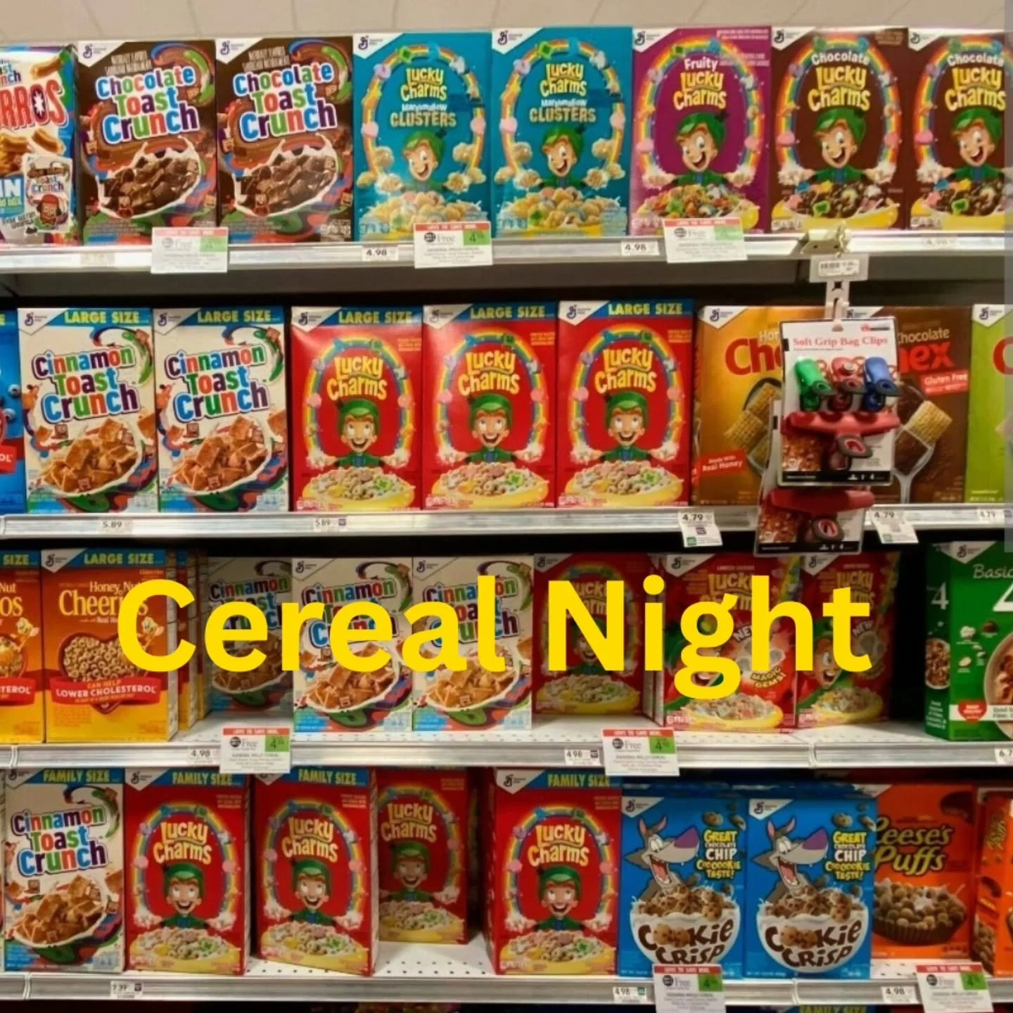 Tomorrow night- bring your fav cereal to share for breakfast for dinner at 6! Bible study after dinner at 7!