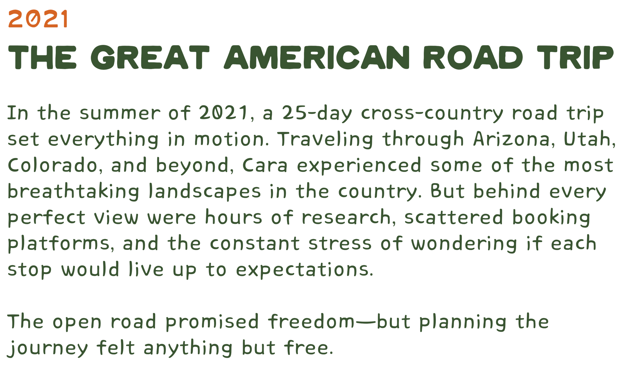 Image of a book or article page titled "The Great American Road Trip" with the year 2021 in orange above the title. The page contains descriptive text about a 25-day cross-country road trip in 2021, traveling through Arizona, Utah, Colorado, and beyond, experienced by Cara, highlighting the landscapes, research, and planning involved, and concludes mentioning the feeling of freedom and the challenges of the journey.