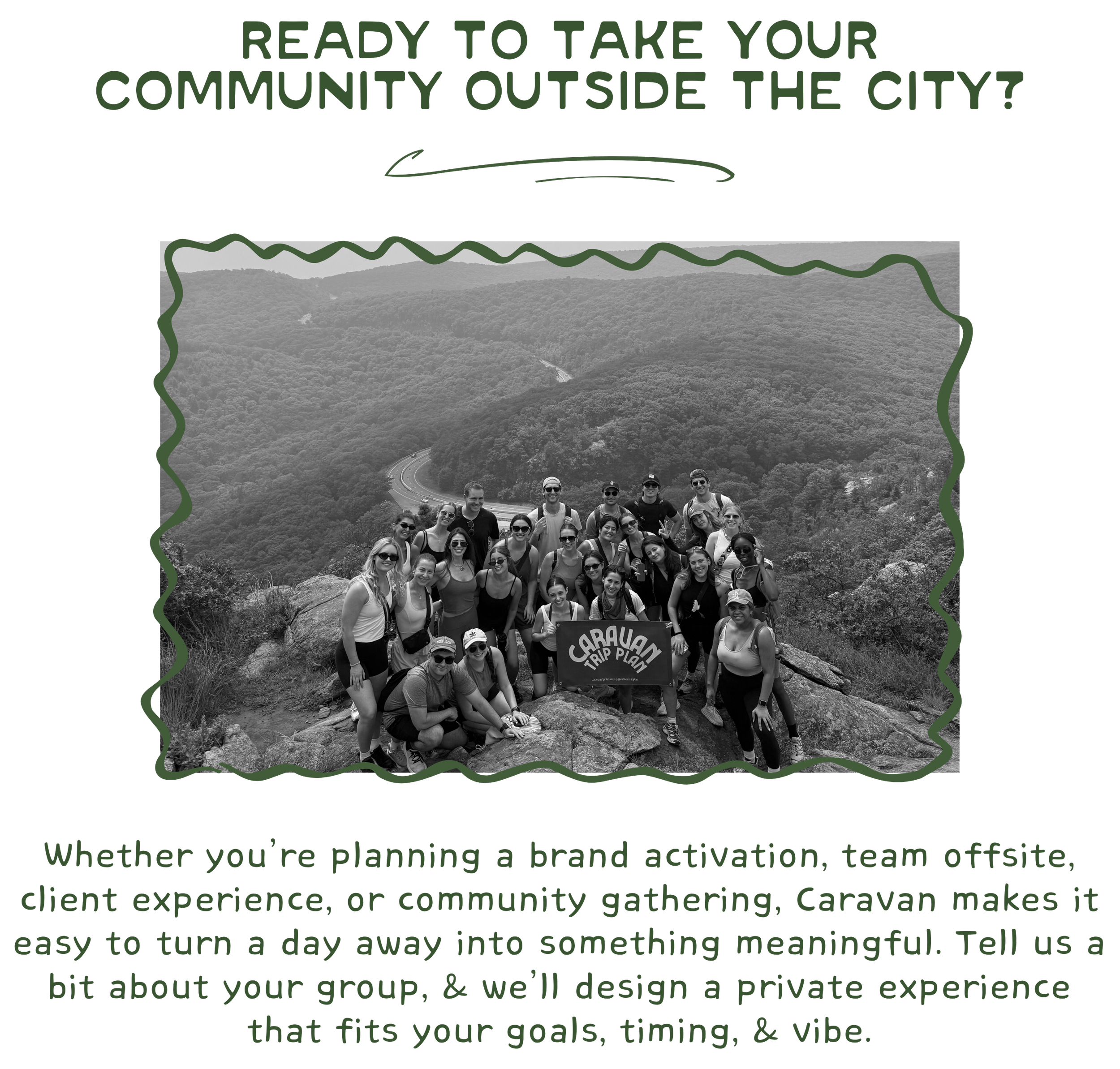 Group of people on a mountain with a scenic background holding a sign that says "Caravan Trip Plan" during a hiking or outdoor event.