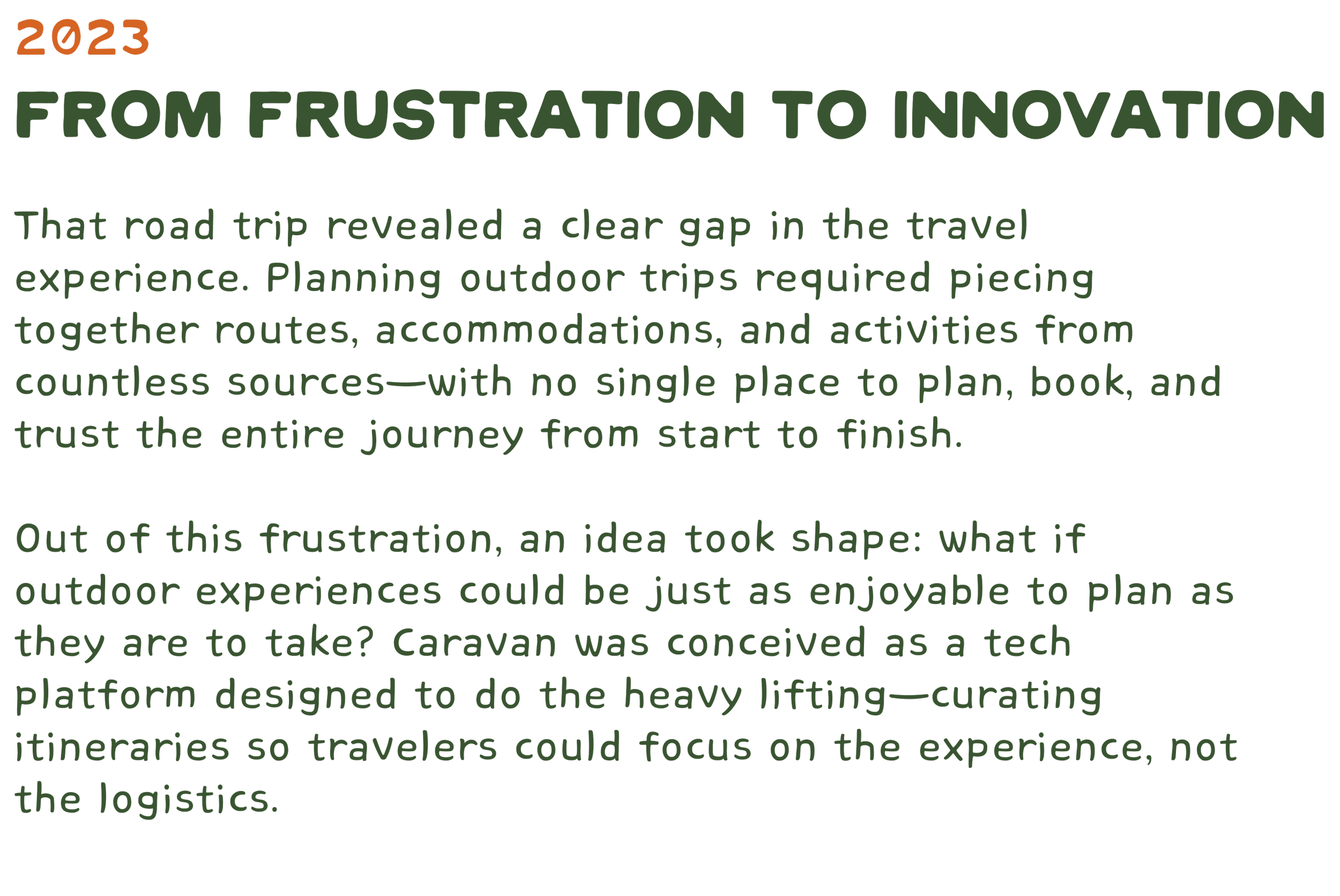 2023 From Frustration to Innovation logo with description about outdoor trip planning and a tech platform called Caravan for curating outdoor experiences.