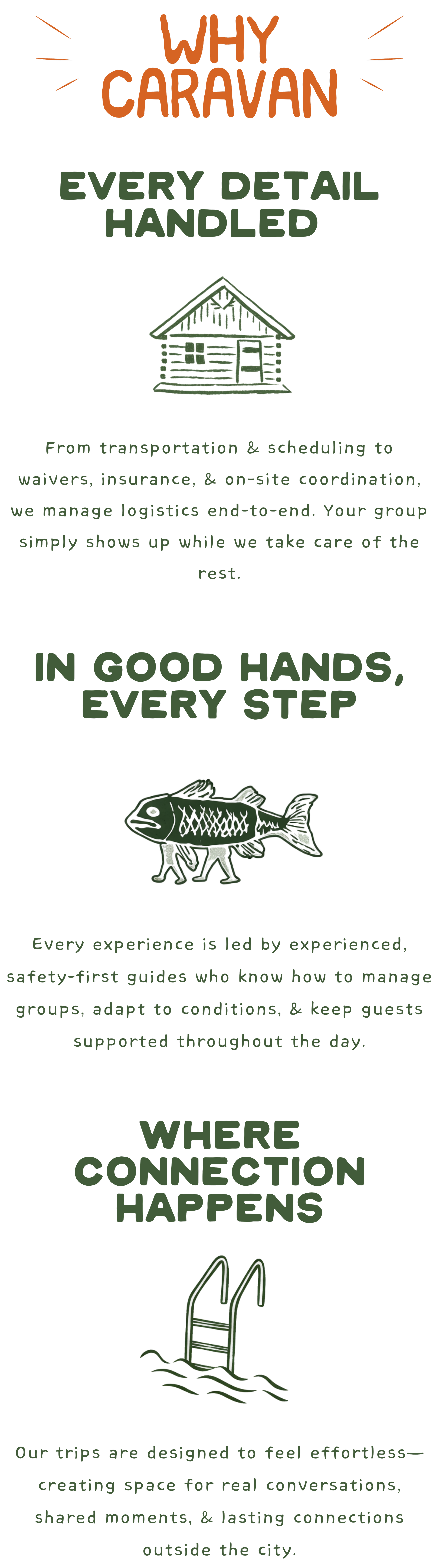 Graphic design featuring the text "Why Caravan" at the top, a simple drawing of a cabin, and a fish illustration at the bottom, with various colorful accents and lines.